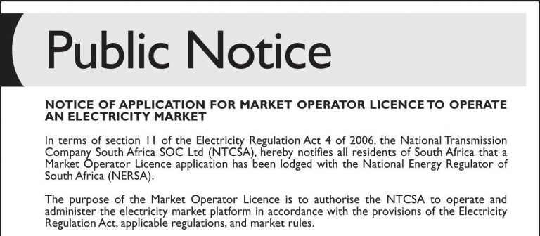 Notice of Application for Market Operator Licence to Operate an Electricity Market